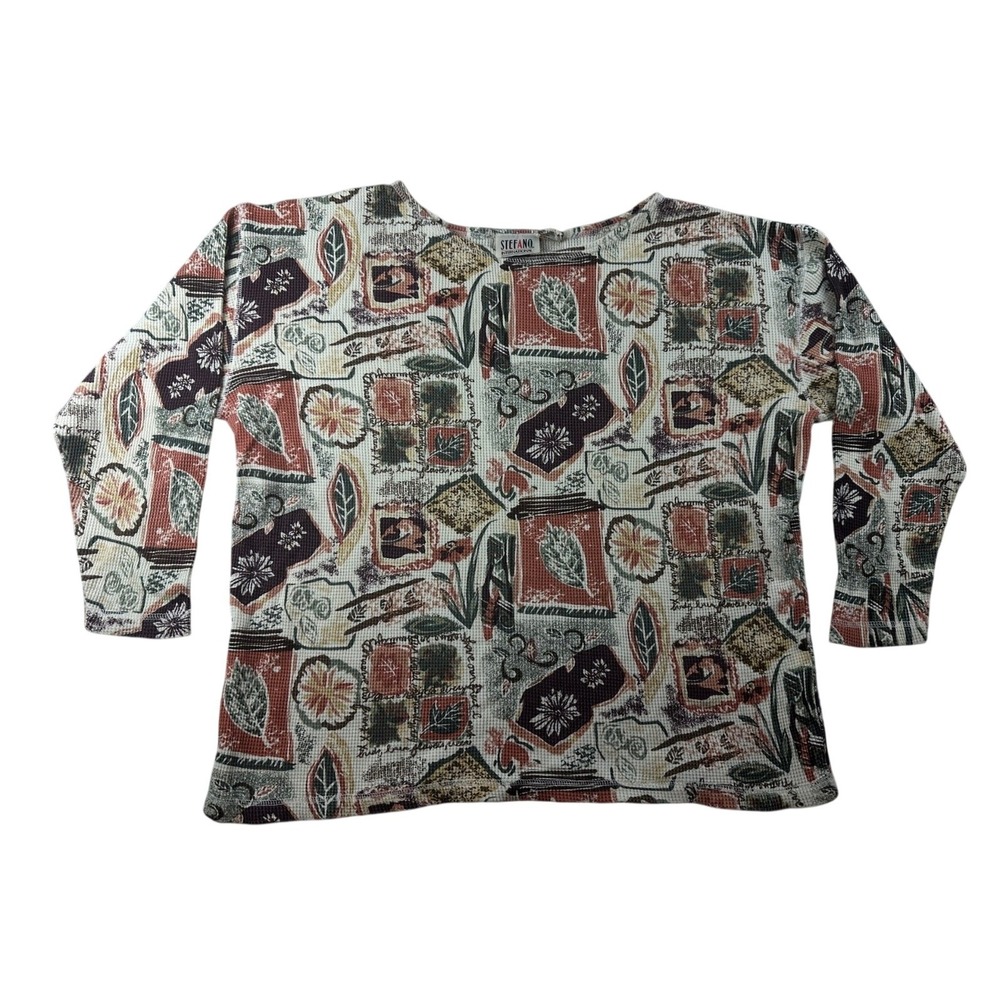 Vintage Stefano International T-Shirt Women M Multi Color Waffle Leaf Artsy Boho